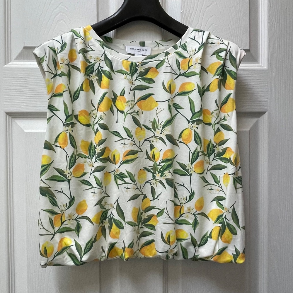 Marc New York Shirt Women's Medium Lemon‎ Print Cropped Bubble Sleeveless Top - Picture 3 of 13